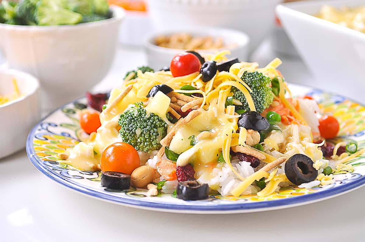 hawaiian haystack on a plate with toppings