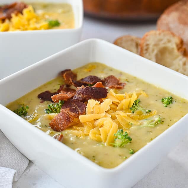 broccoli cheddar soup in a bowl