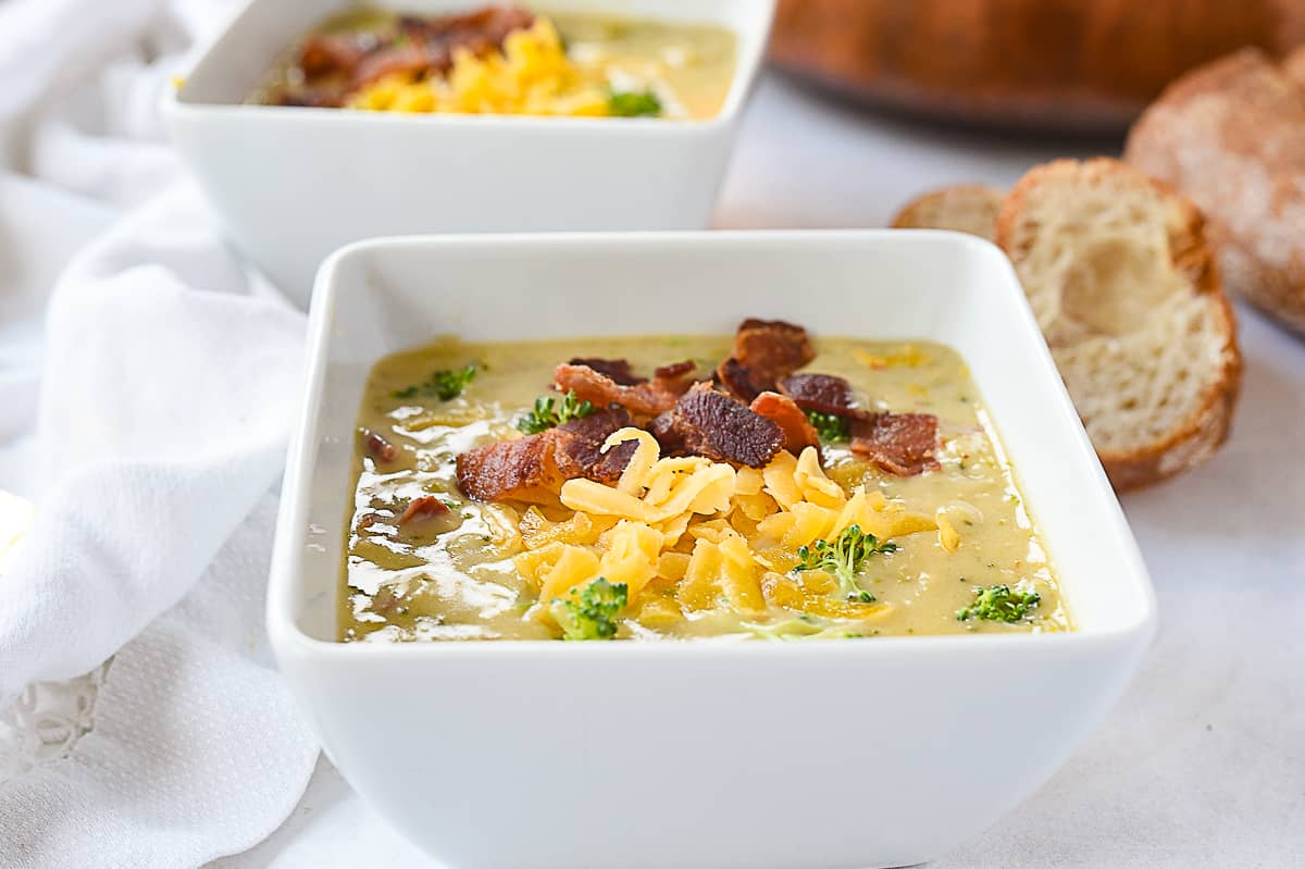 broccoli cheddar soup with bacon on top