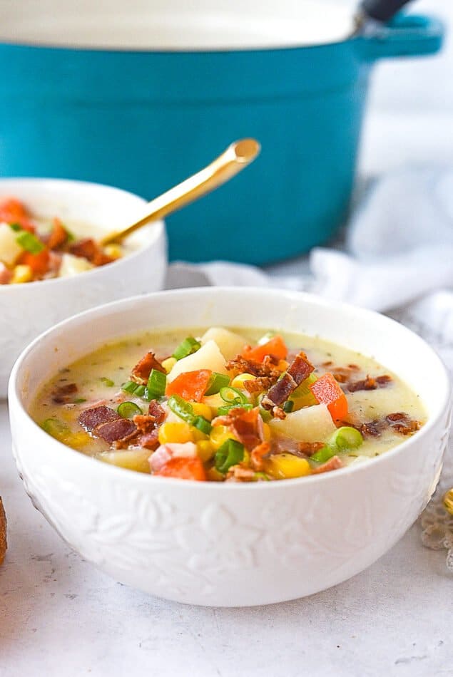 white bowl of corn chowder