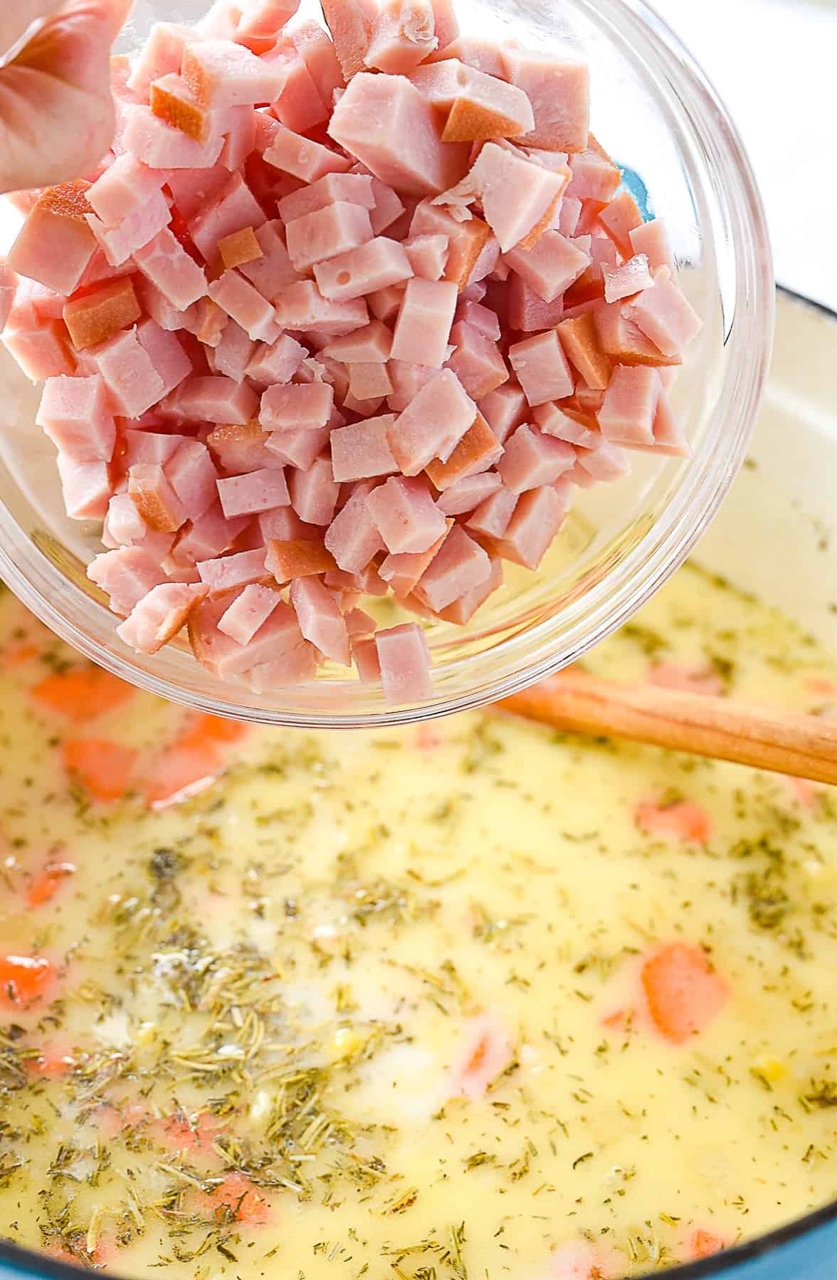 adding ham to corn chowder