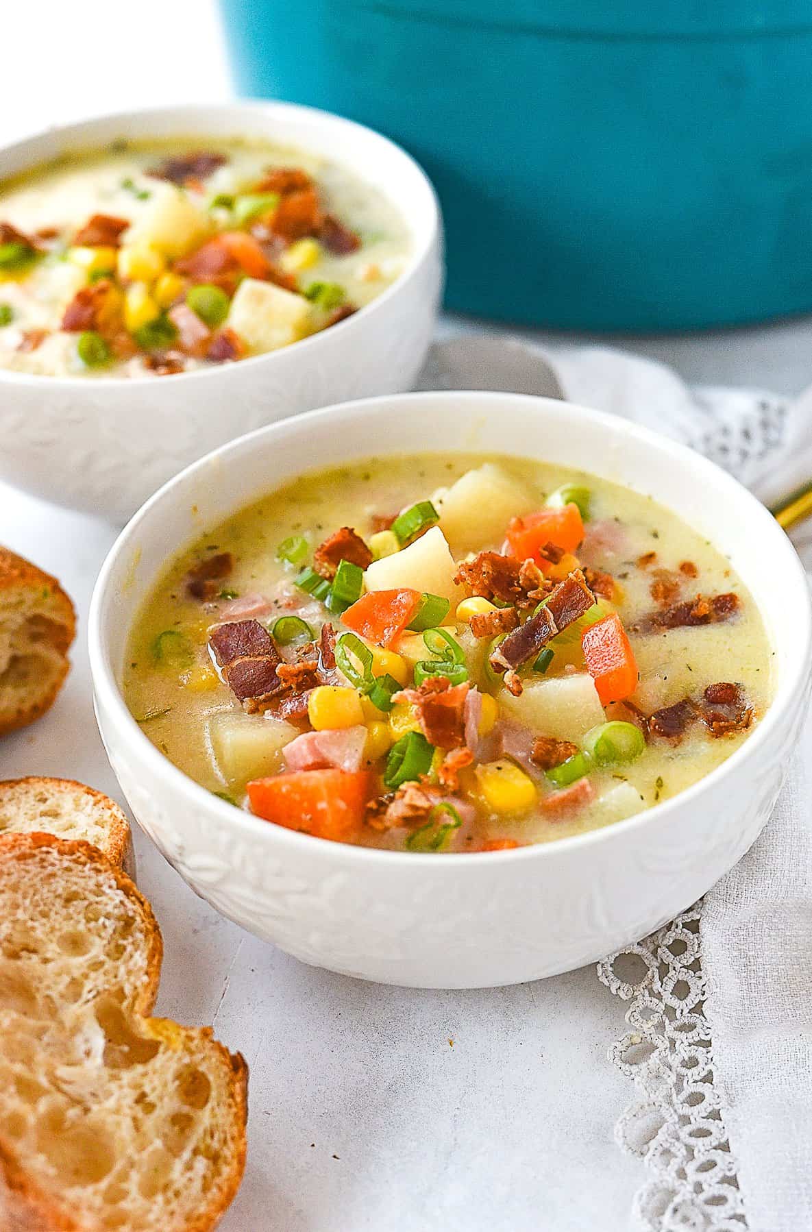 two bowls of corn chowder