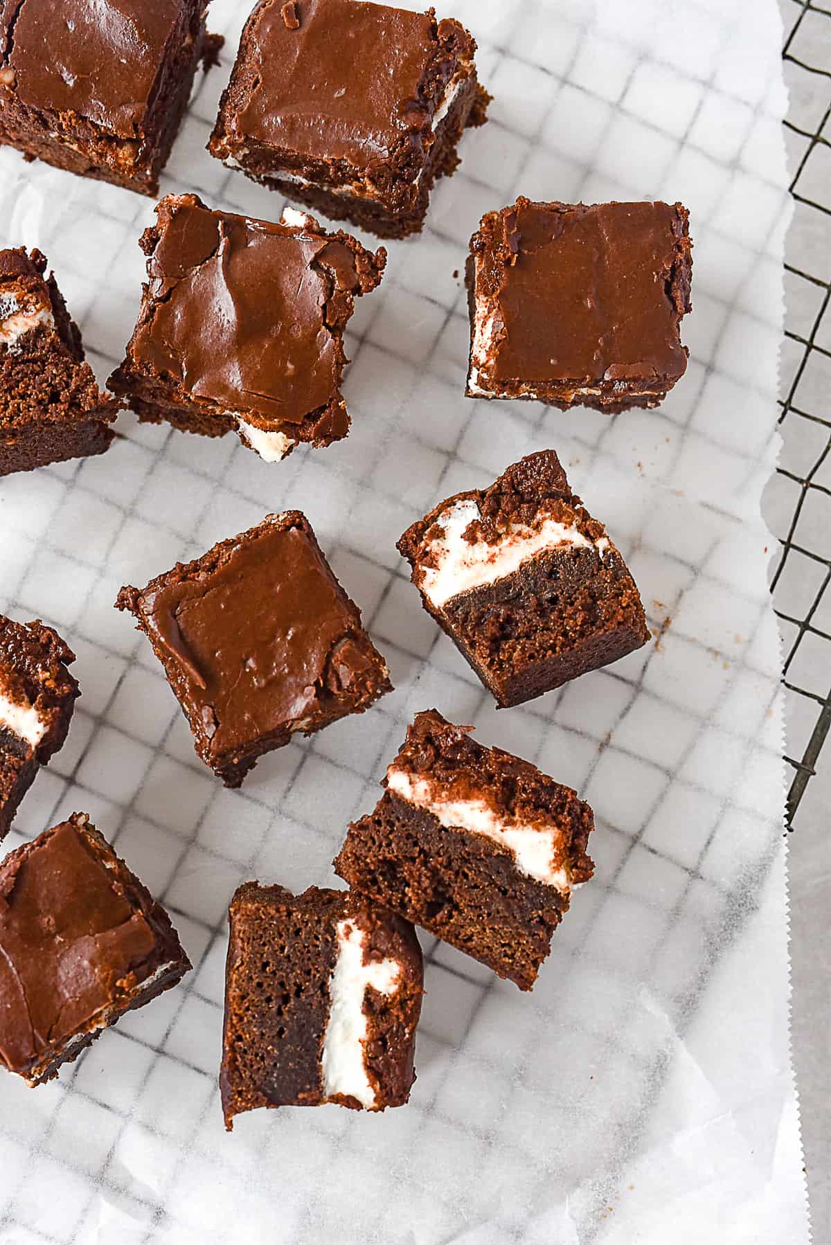 overhead shot of marshmallow brownies on a cooling rack