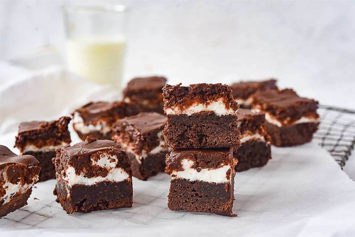 stack of chocolate marshmallow brownies