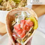 hand holding greek pork in pita bread