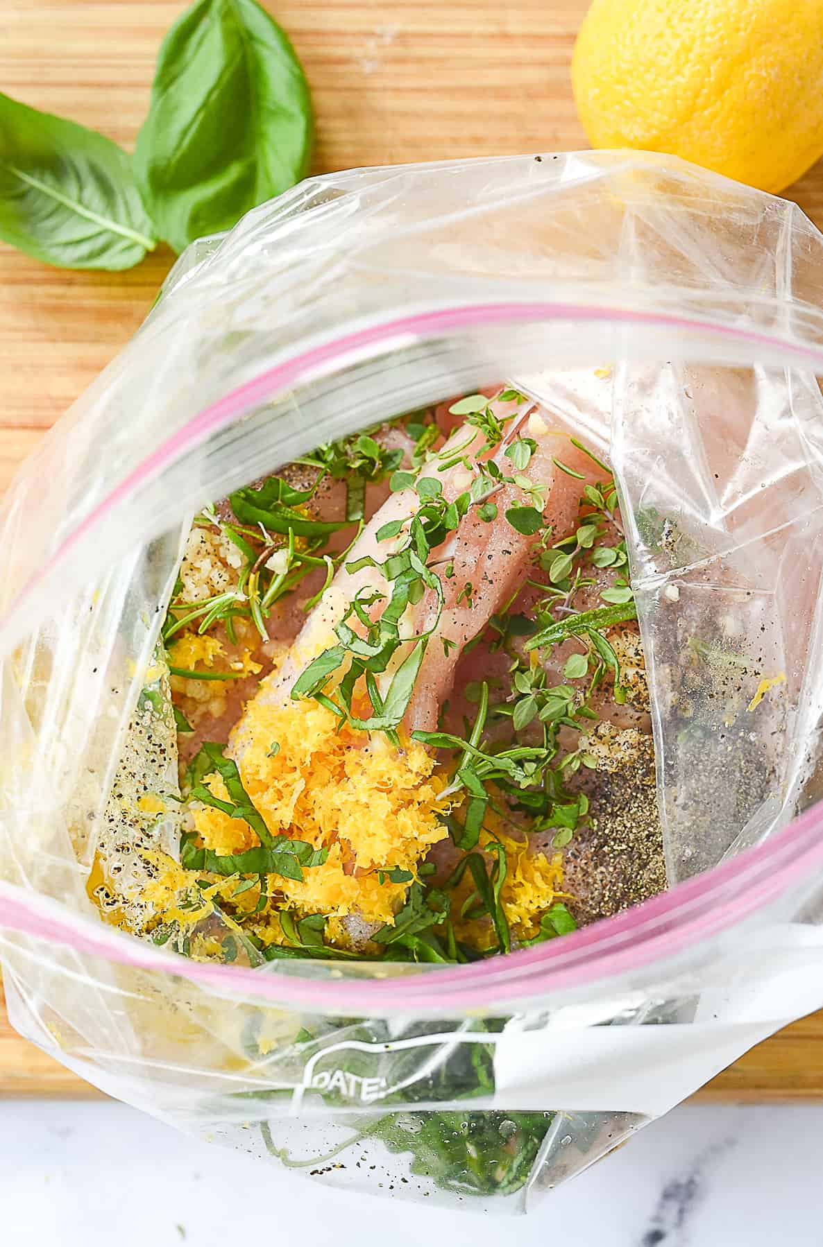 lemon herb marinade and chicken in bag