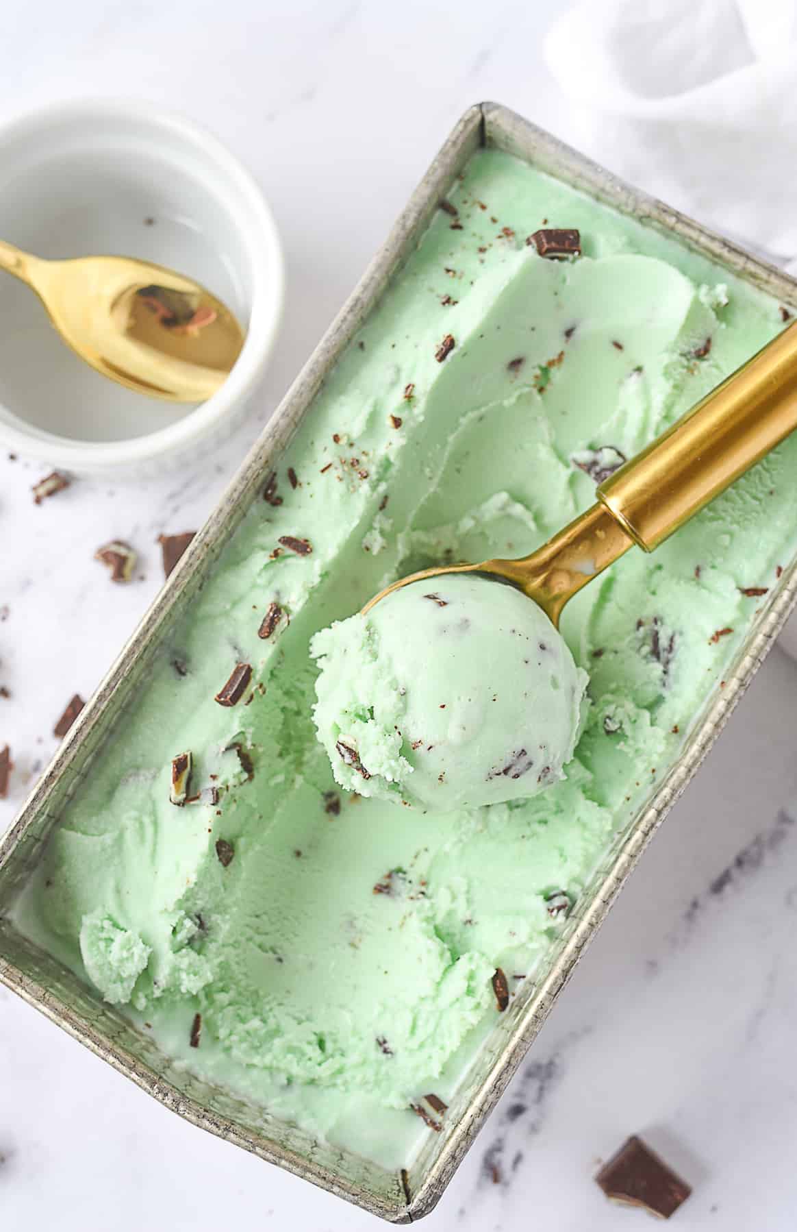 pan of mint chocolate chip ice cream