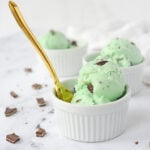 bowl of mint chocolate chip ice cream with a spoon in it.