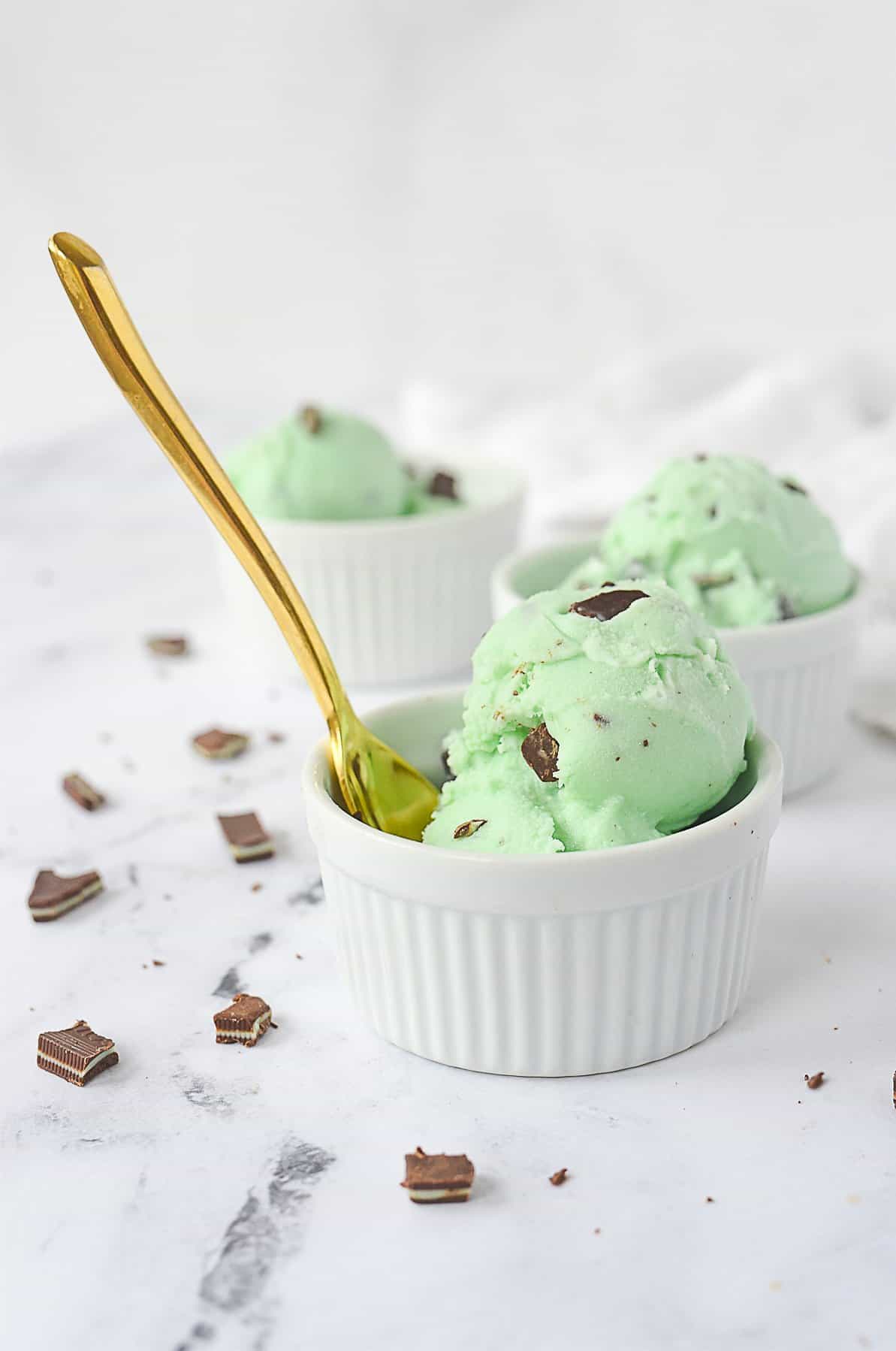 bowl of mint chocolate chip ice cream with a spoon in it.