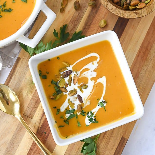 overhead shot of bowl of butternut squash soup