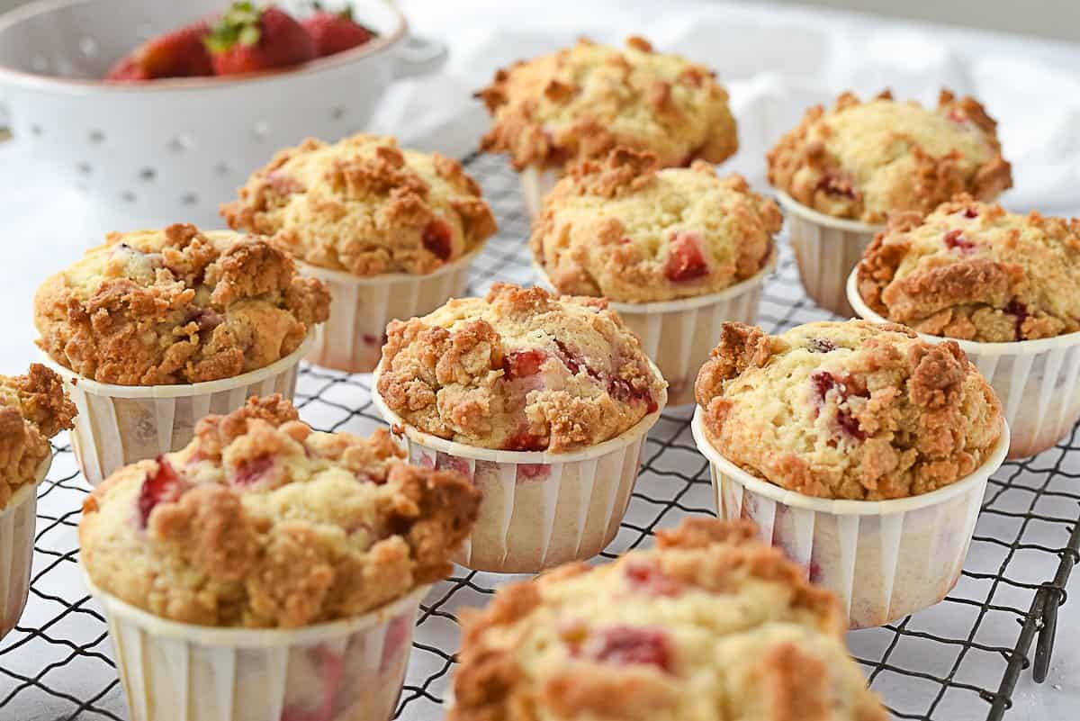 strawberry muffins on a cooling rack