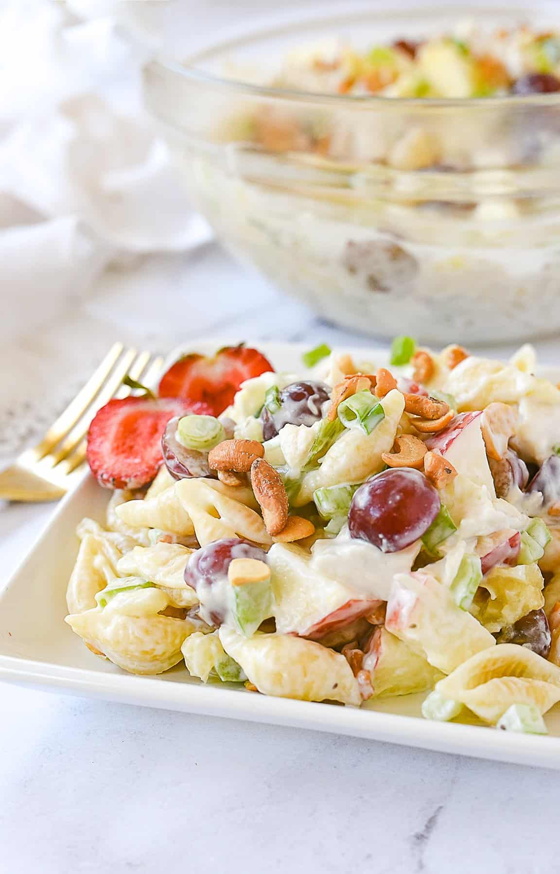 plate of chicken salad with pasta