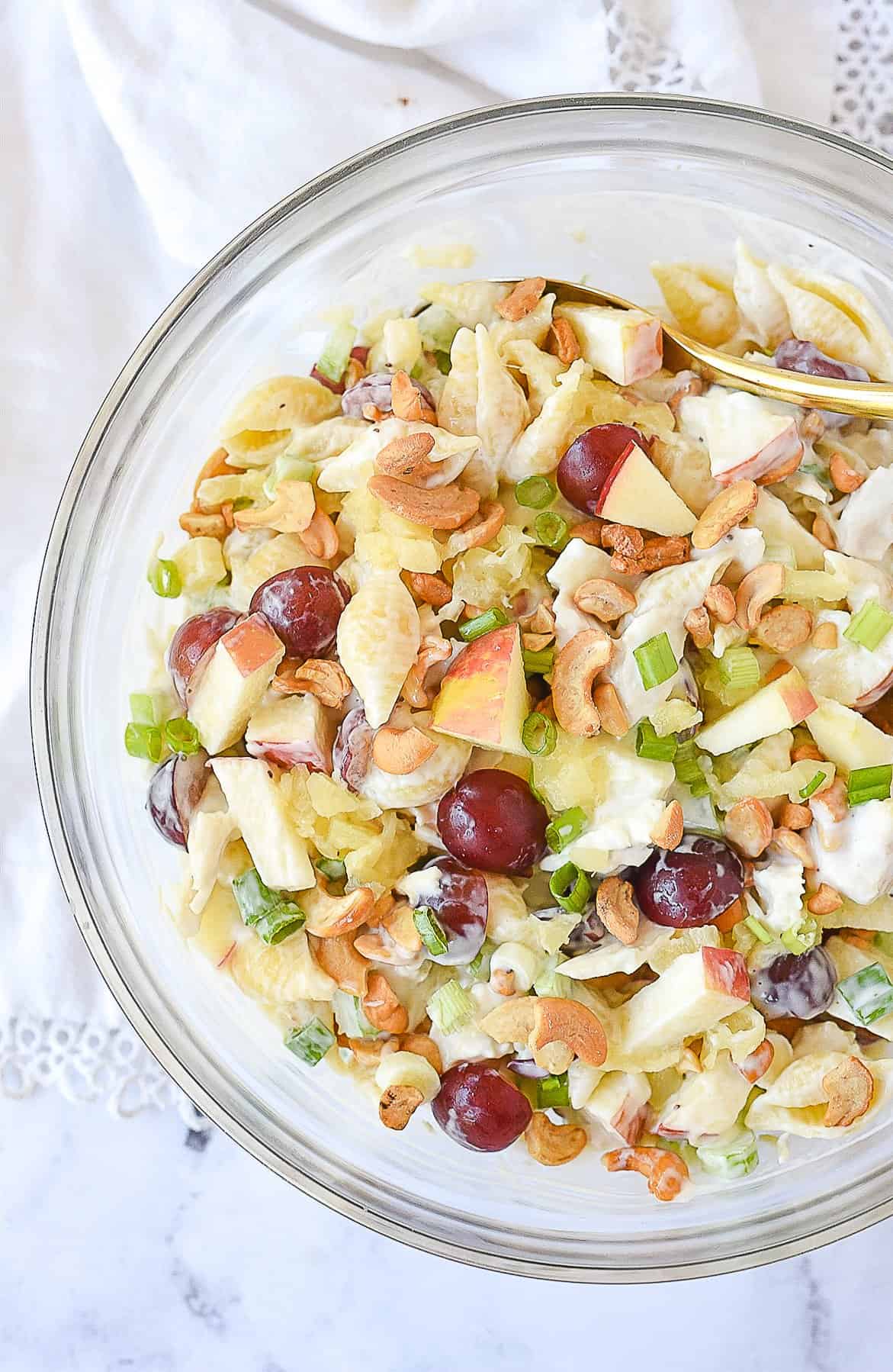 bowl of chicken salad with pasta