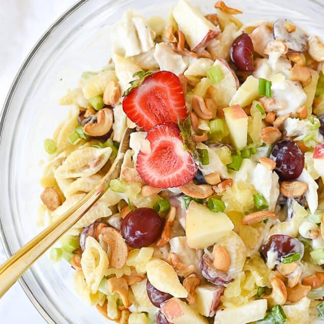 bowl of chicken salad with pasta.