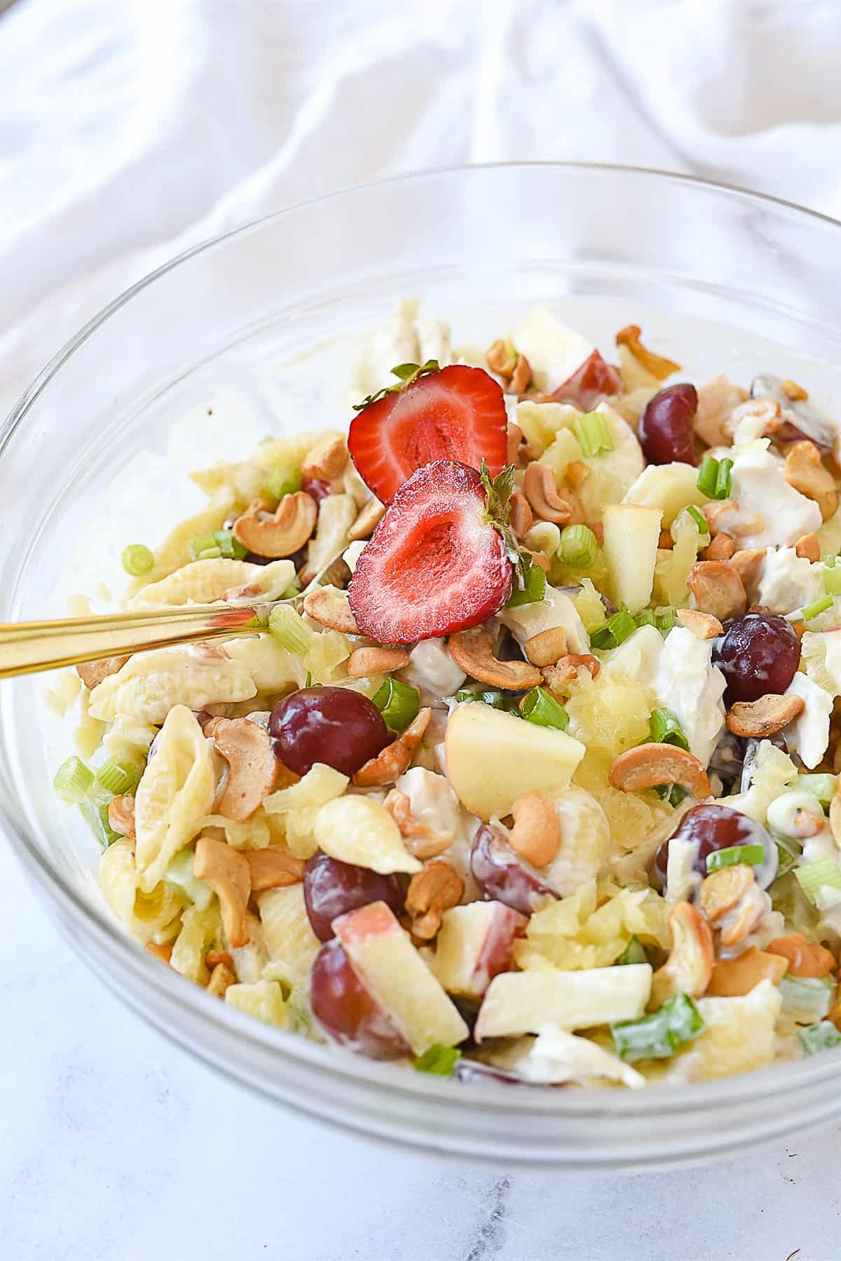 bowl of chicken salad with pasta