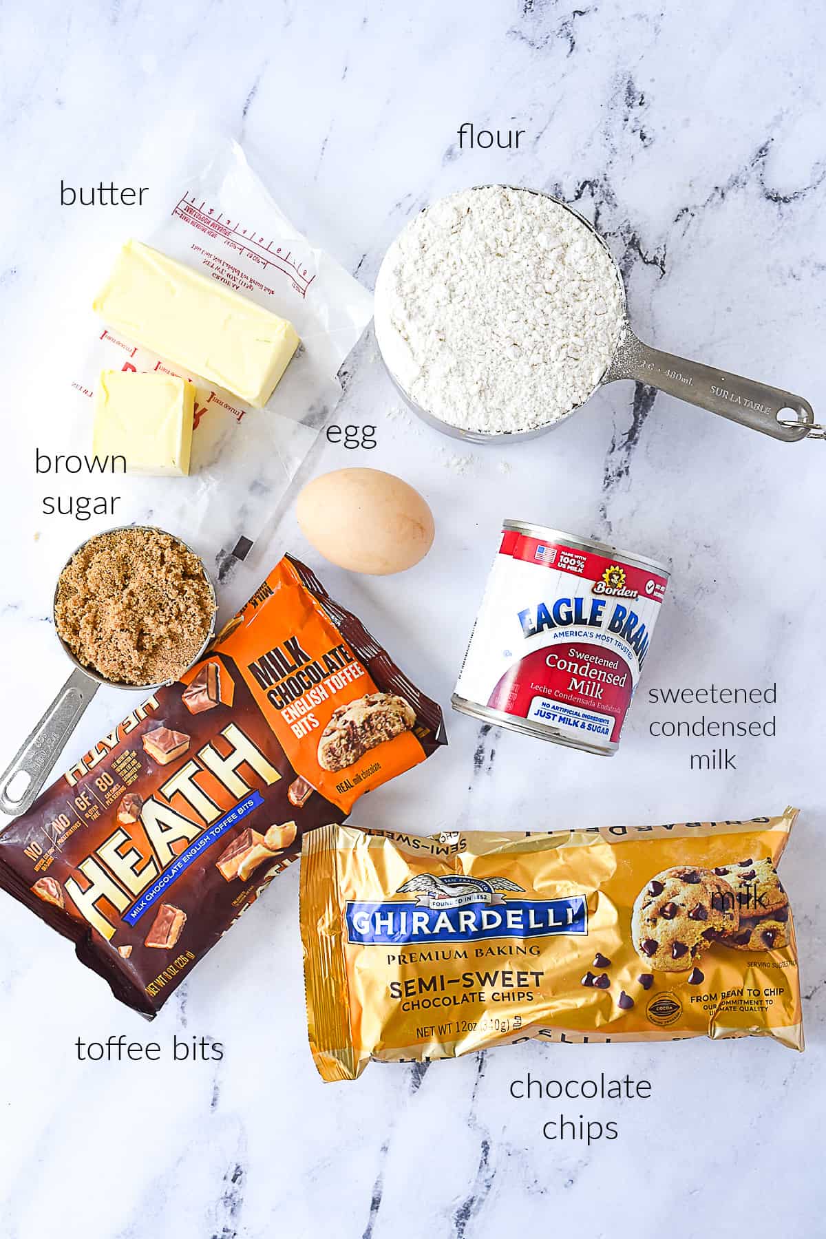 ingredients for chocolate chip toffee bars