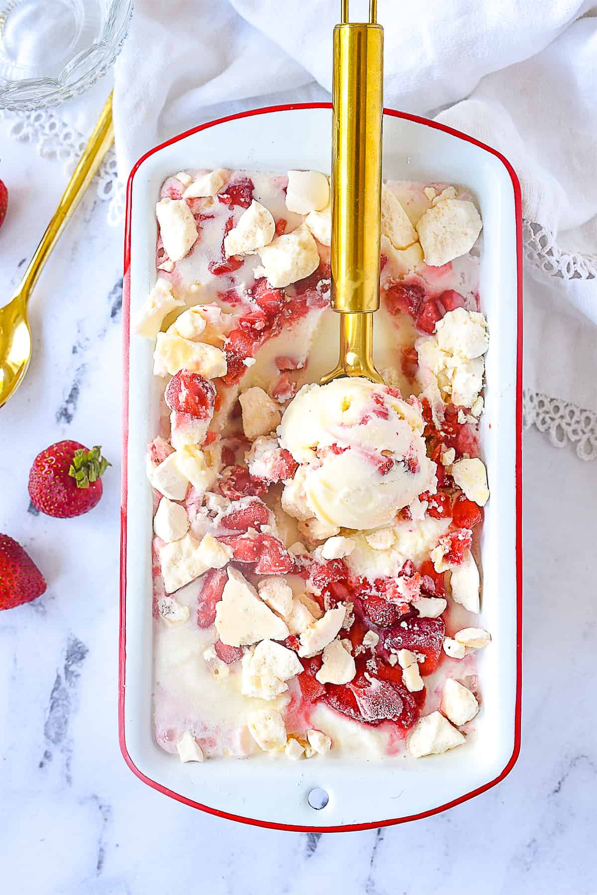 overhead shot of pan of eton mess ice cream