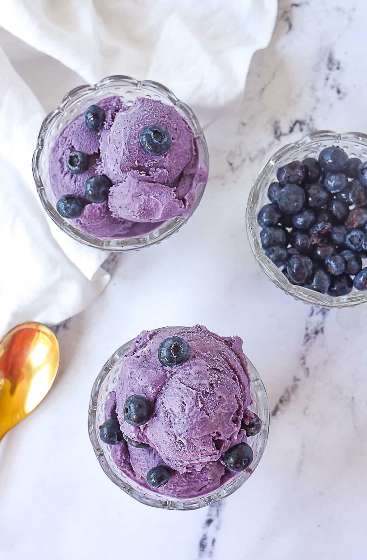 overhead shot of two bowls of blueberry ice cream