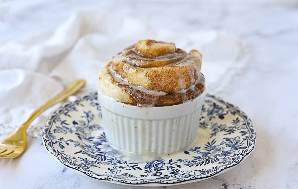 microwave cinnamon roll in a ramekin