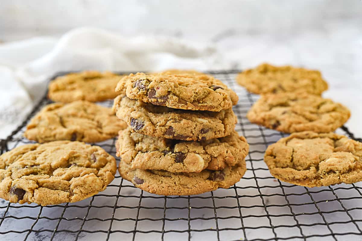 stack of three malted chocolate chip cookies