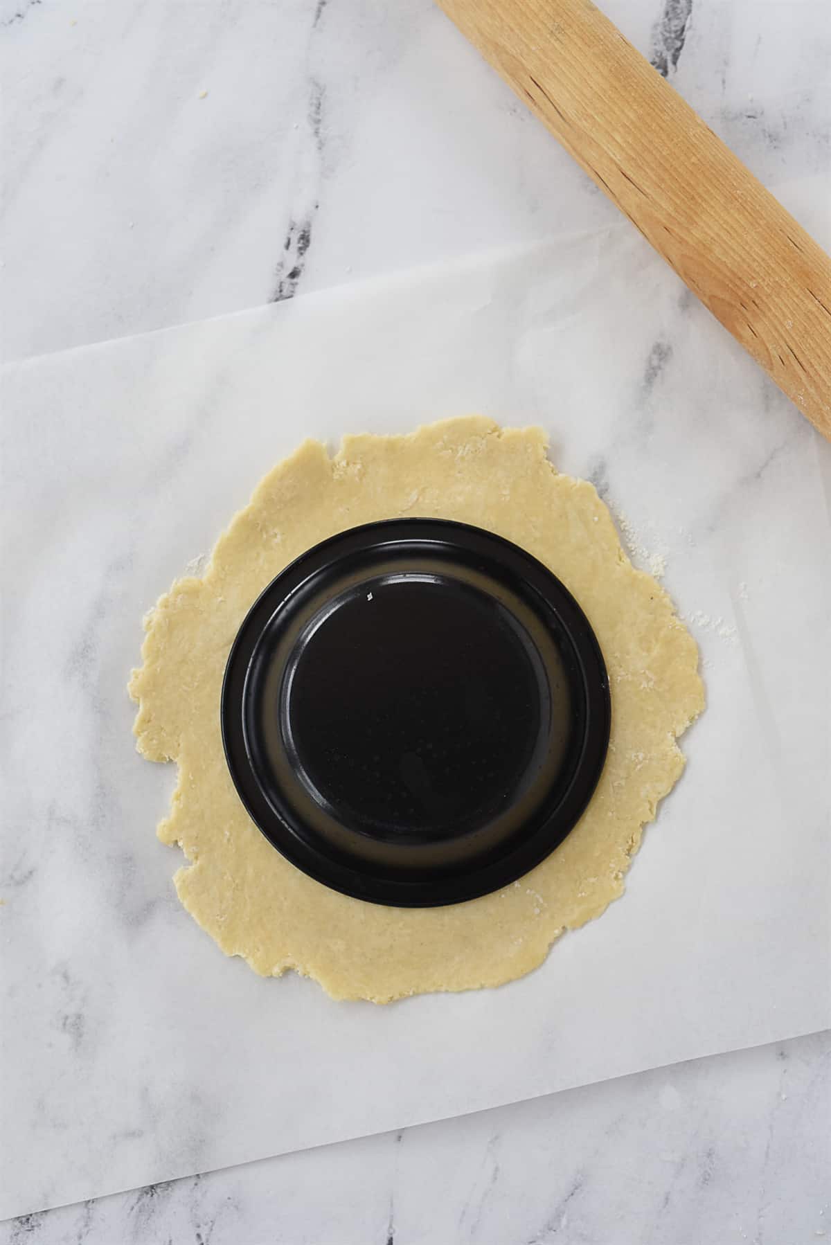 pie tin on pie dough