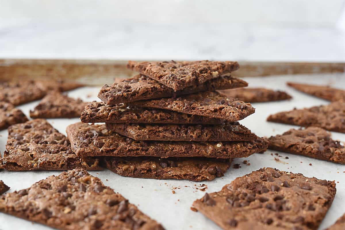 stack of brownie brittle on a baking sheet