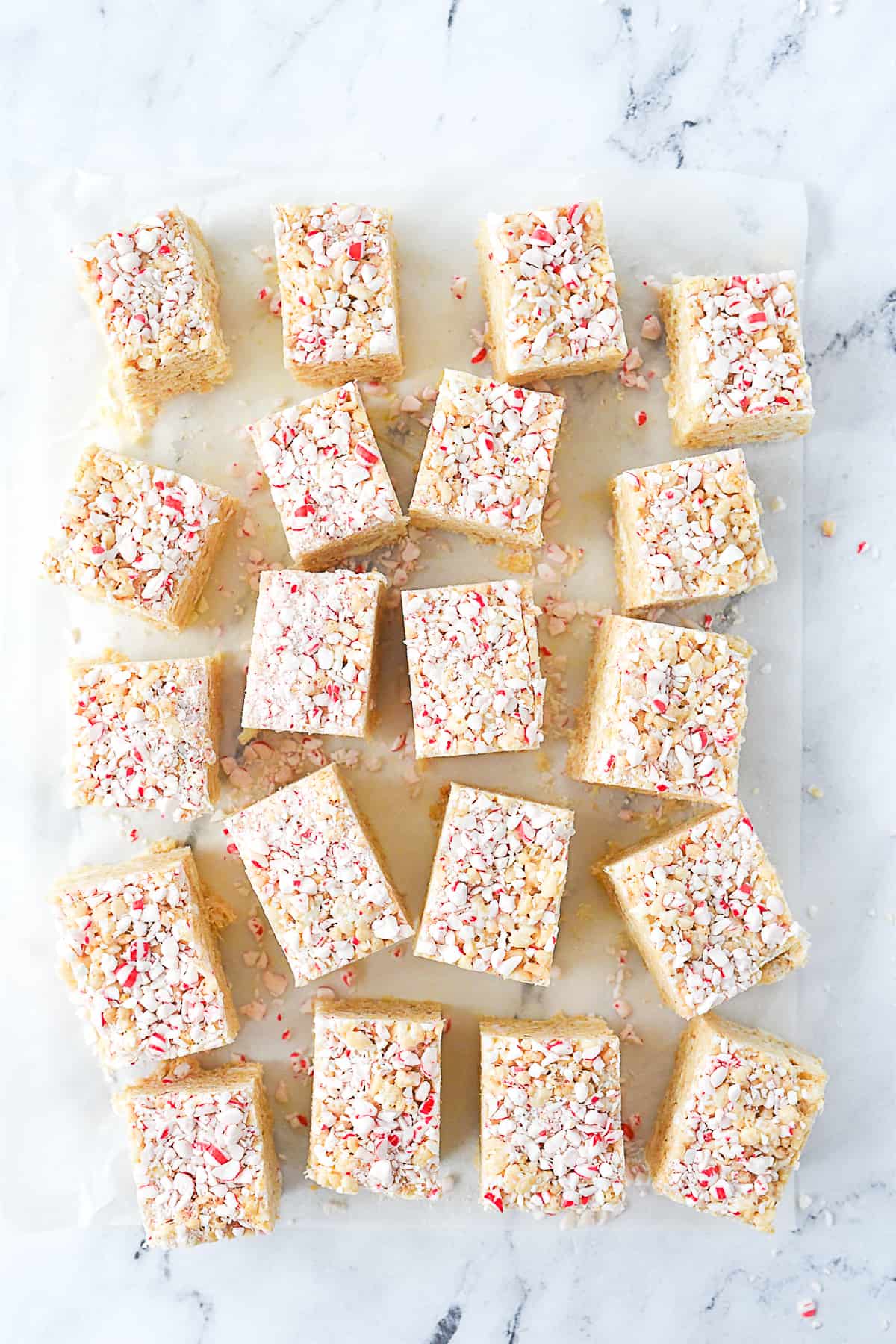 overhead shot of squares of rice krispie treats