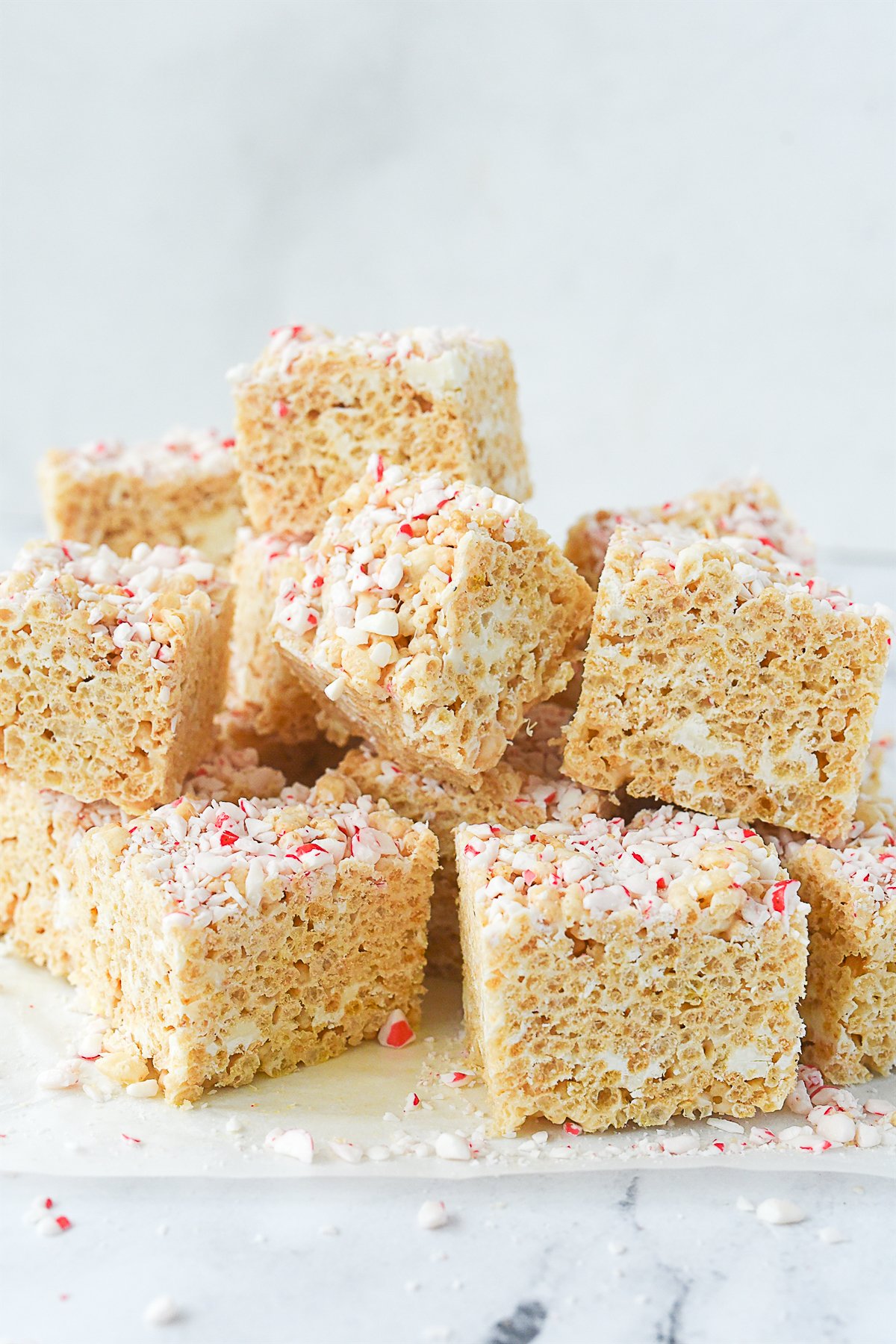 stack of white chocolate peppermint rice krispie treats