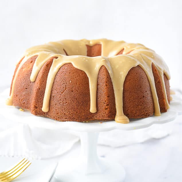 brown sugar cake on a cake stand