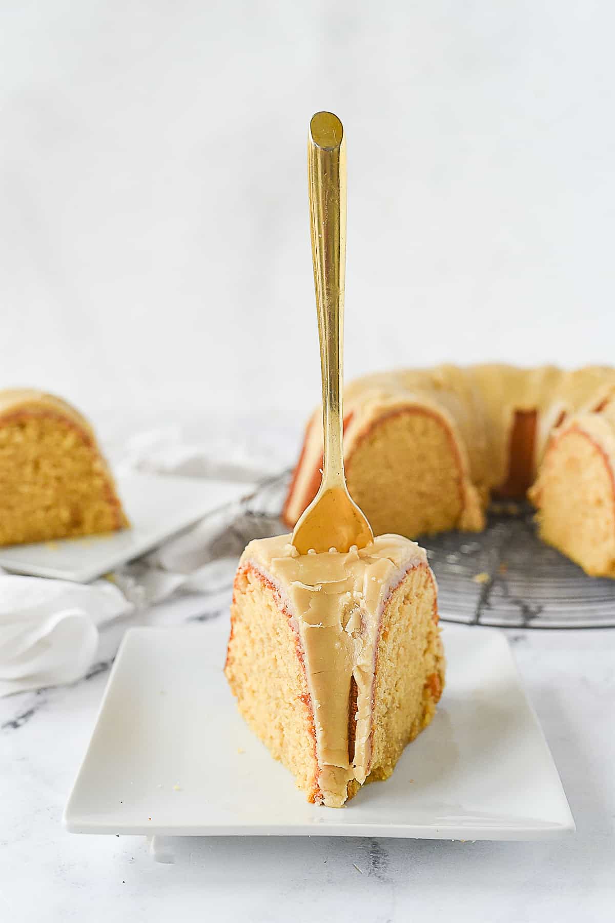 slice of cake with a fork in it
