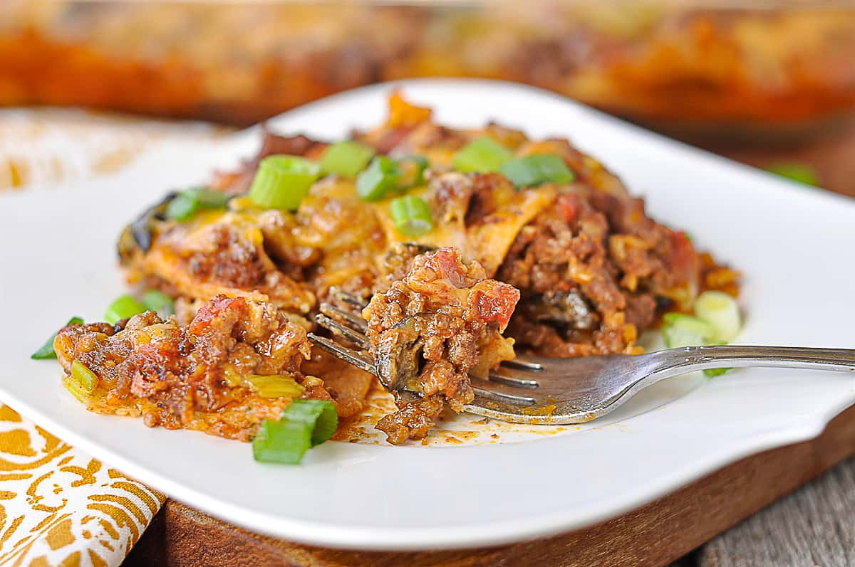 white plate of taco casserole