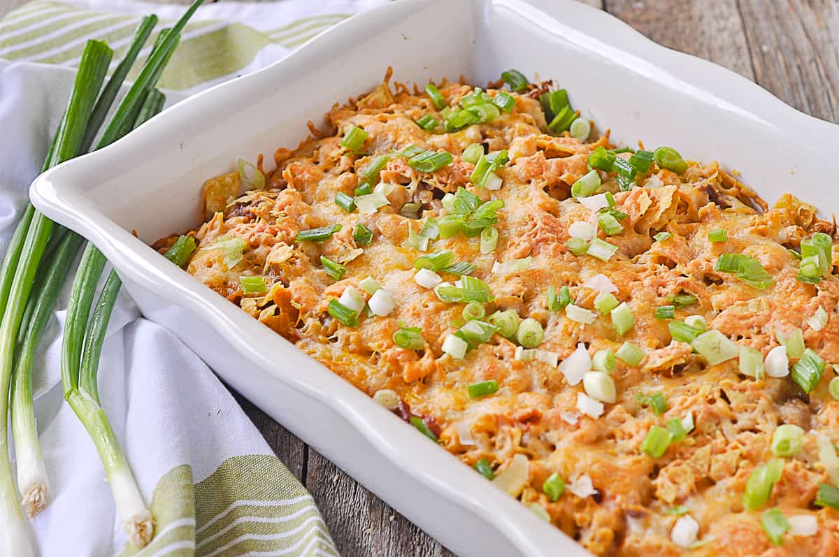 taco pasta bake in white dish