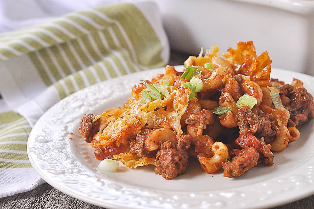 big scoop of taco pasta bake on plate