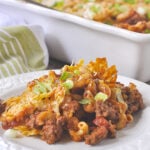 TACO PASTA BAKE ON A WHITE PLATE