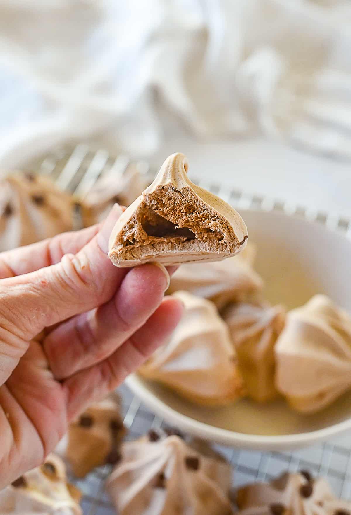 hand holding a chocolate meringue cookie