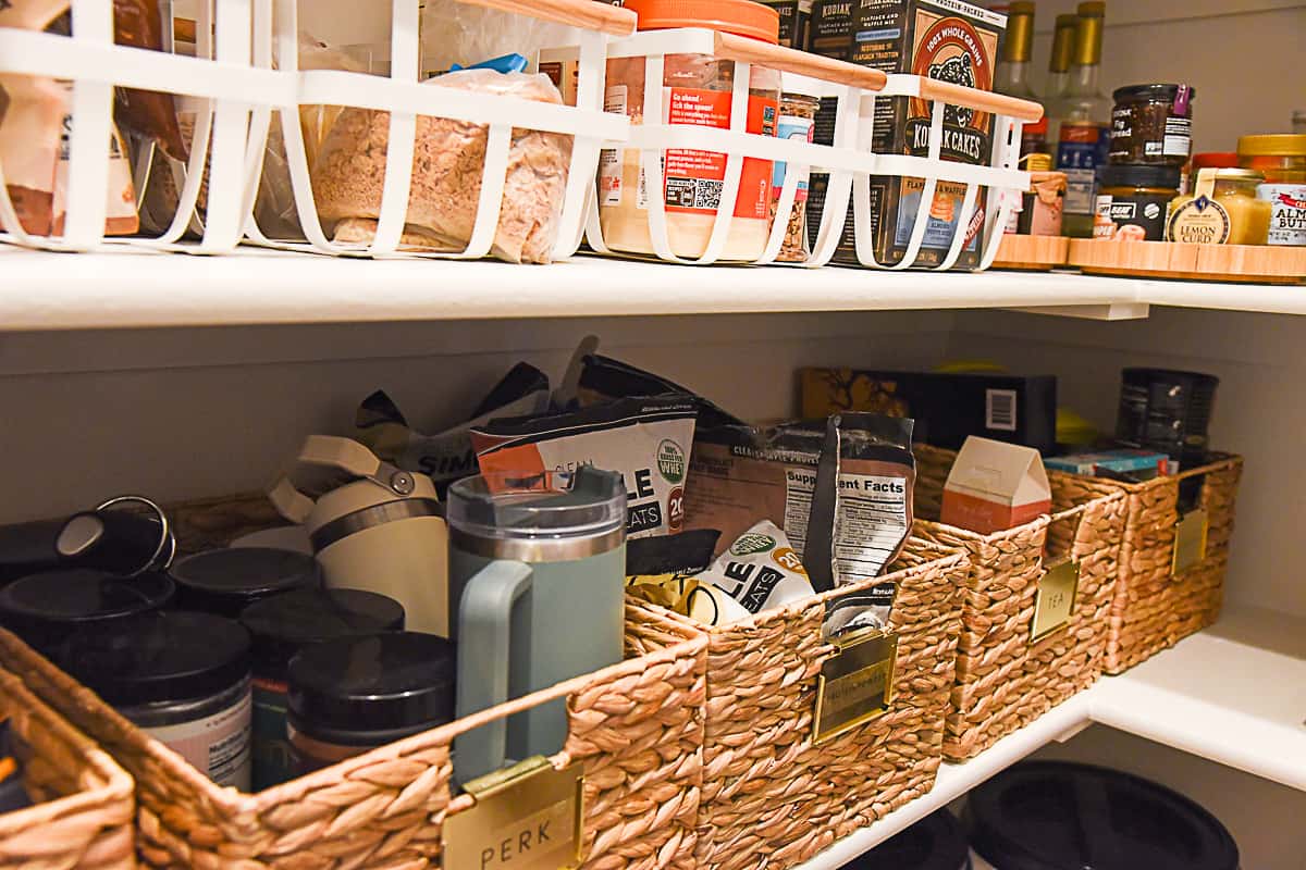 baskets on pantry shelf