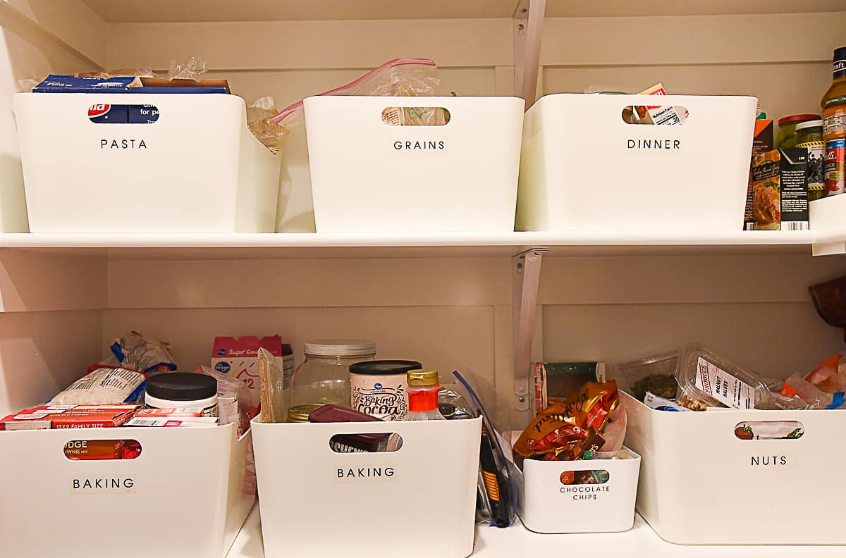 plastic baskets on shelf