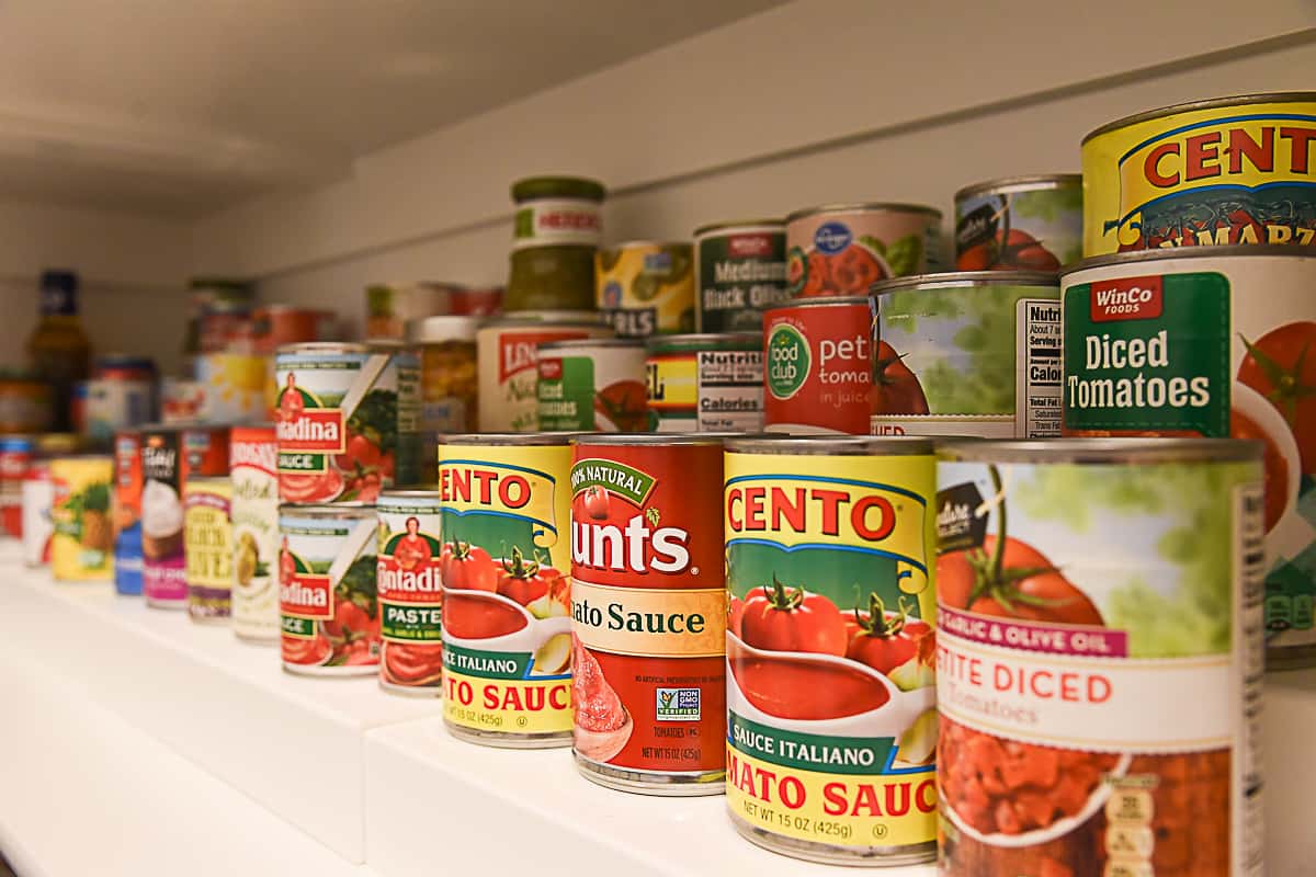 canned food on pantry shelf