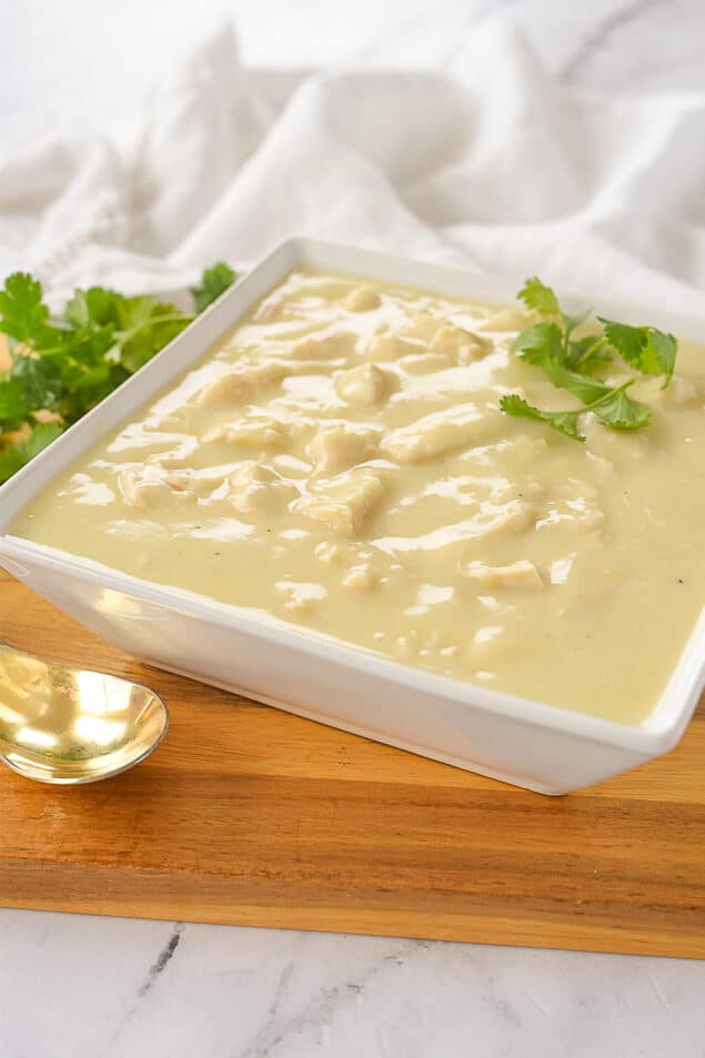 white bowl of dairy free cream of chicken soup