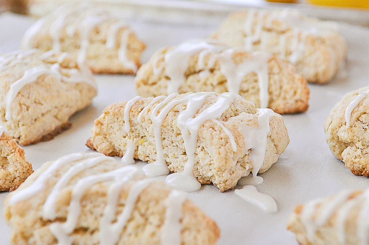 glazed scones on a baking sheet