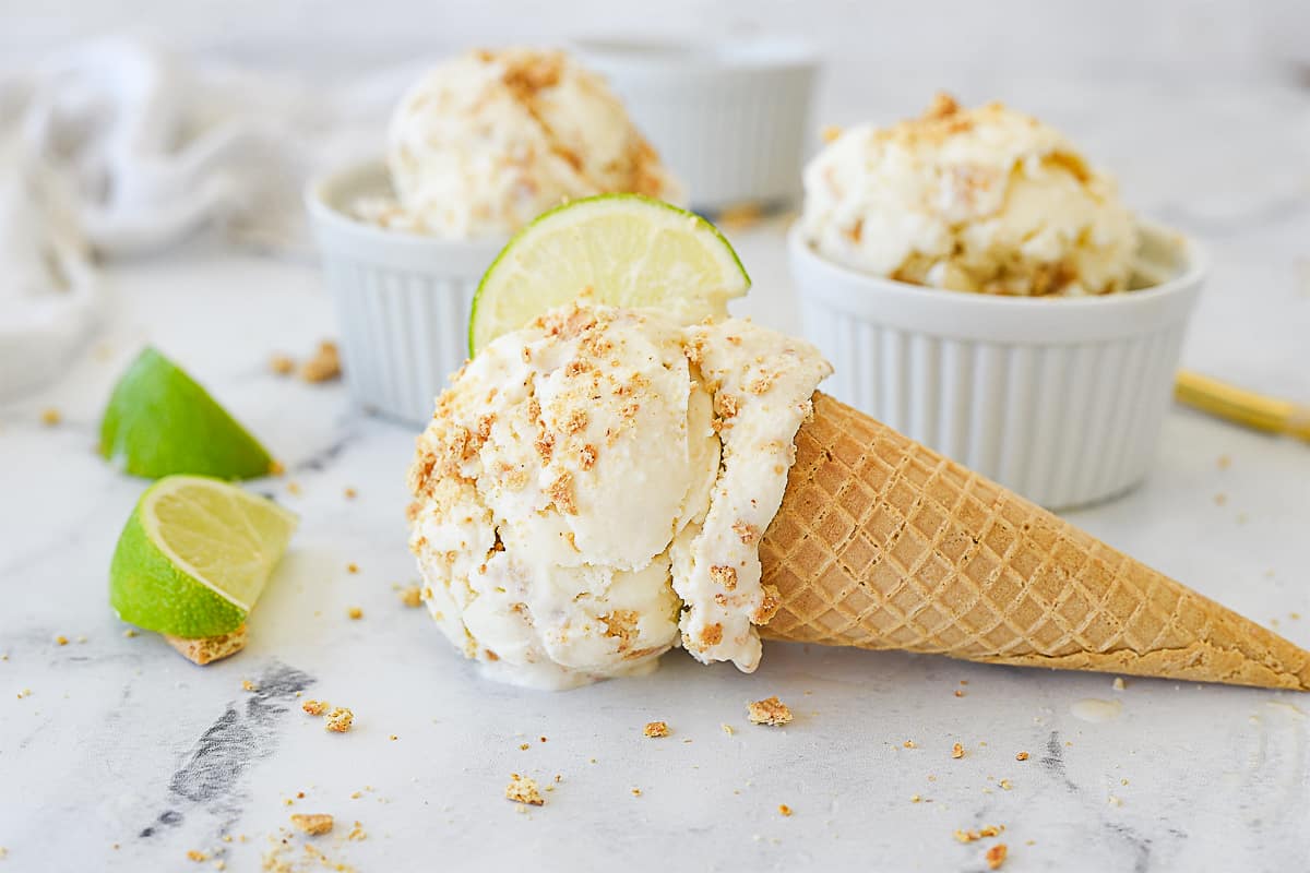 key lime pie ice cream on a sugar cone.
