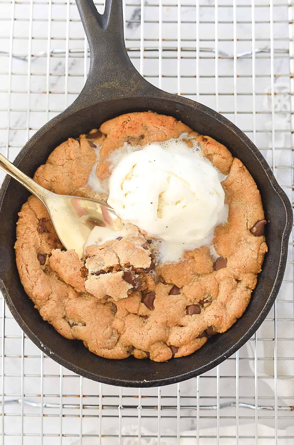 spoon of peanut butter skillet cookie
