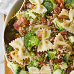 overhead shot of broccoli pasta salad