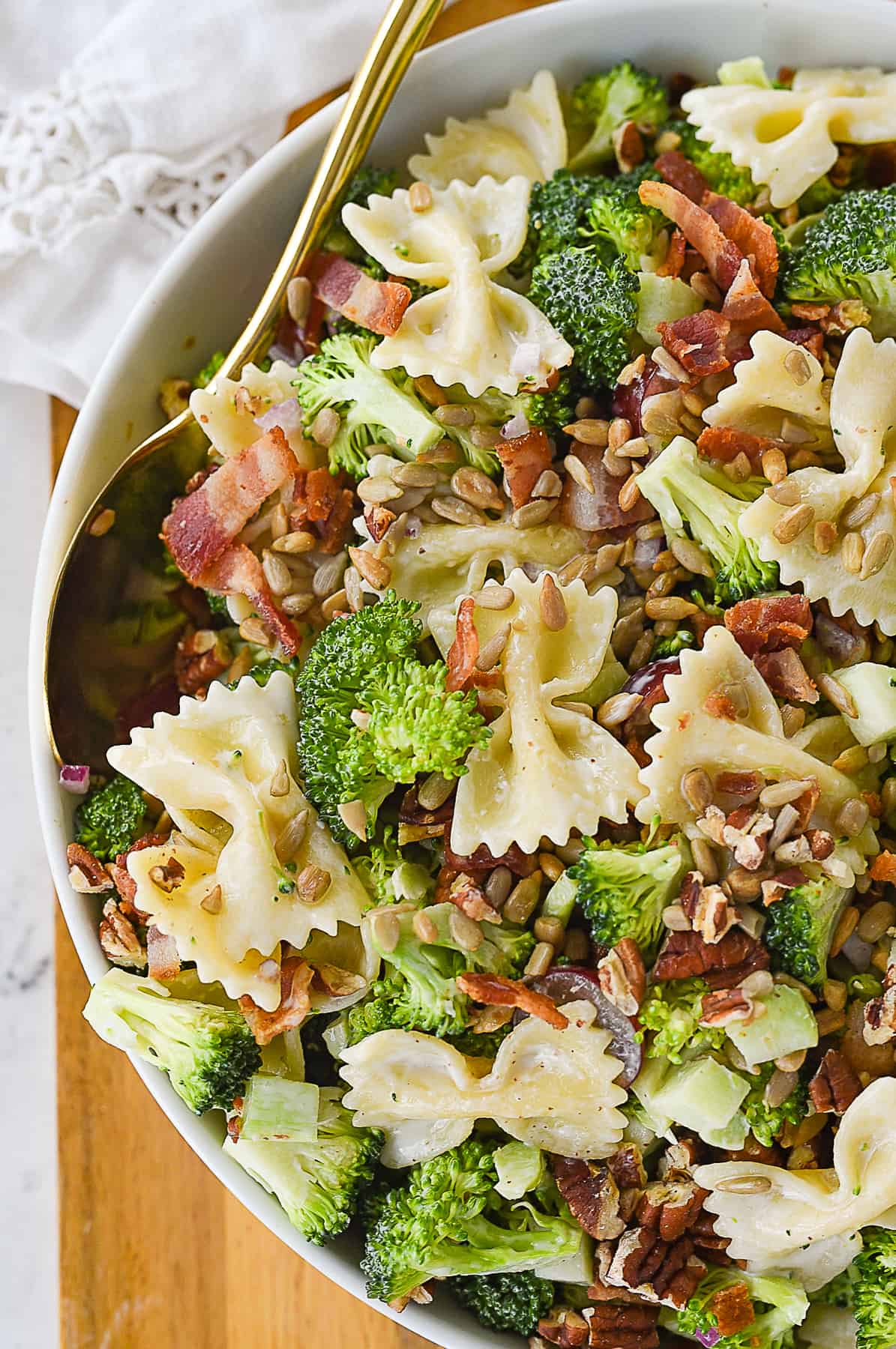 overhead shot of broccoli pasta salad