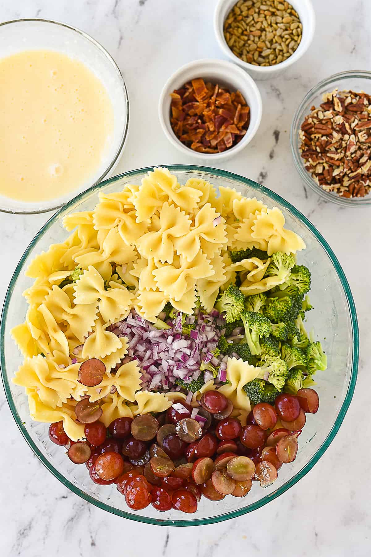 broccoli salad ingredients in bowl