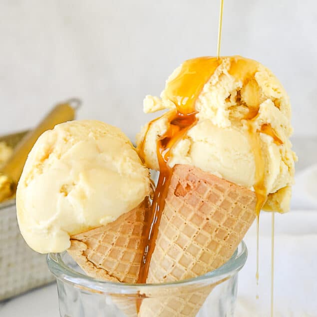 maple syrup pouring over an ice crea cone