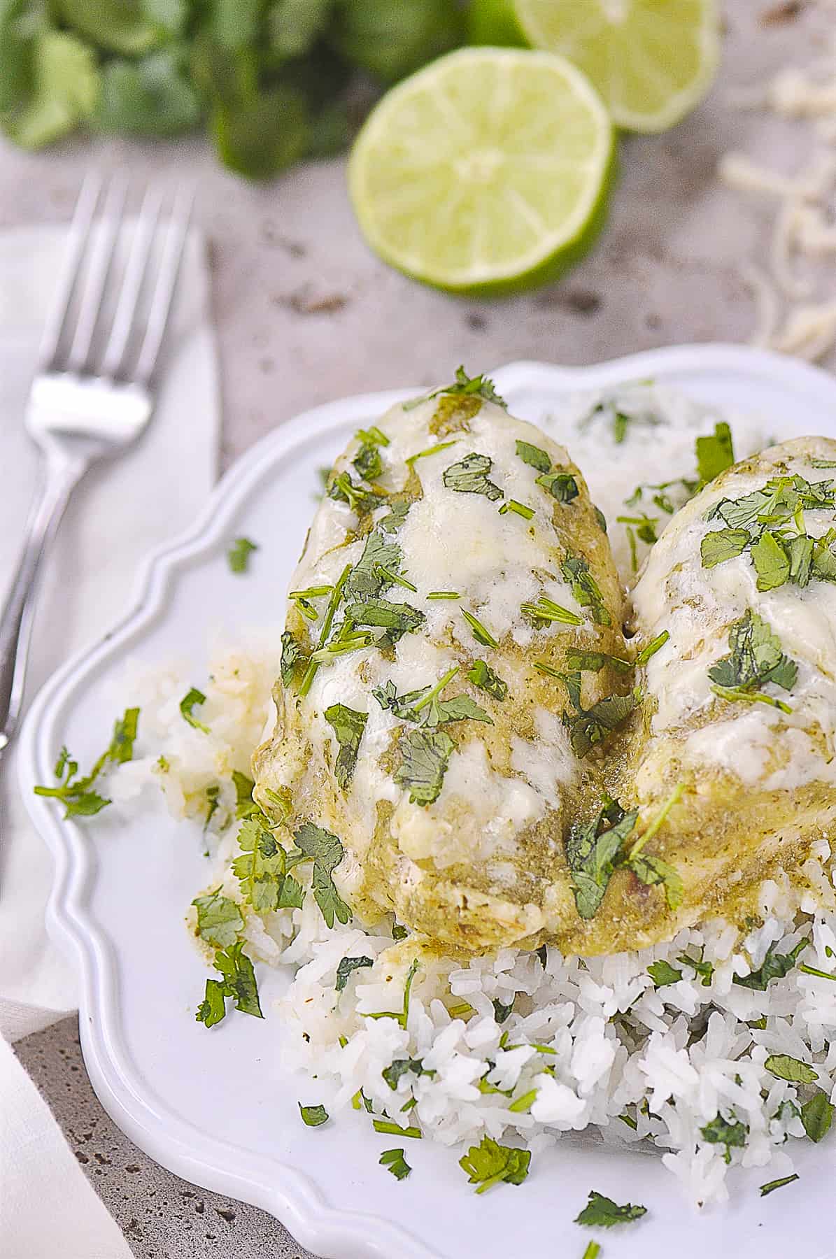 TWO salsa verde chicken breasts on a plate over rice