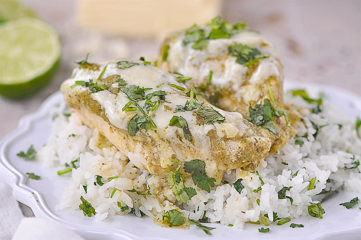 closeup of salsa verde chicken over rice