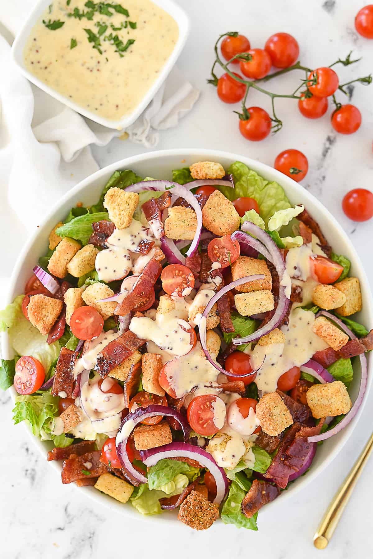 overhead shot of BLT Salad in a bowl