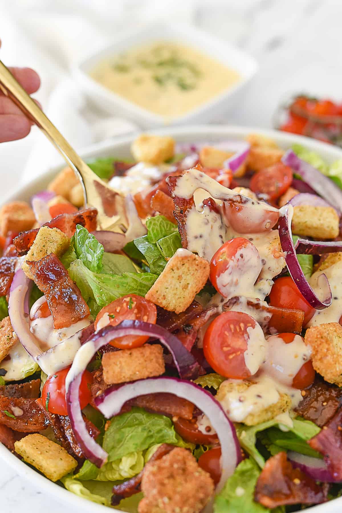 fork full of BLT Salad